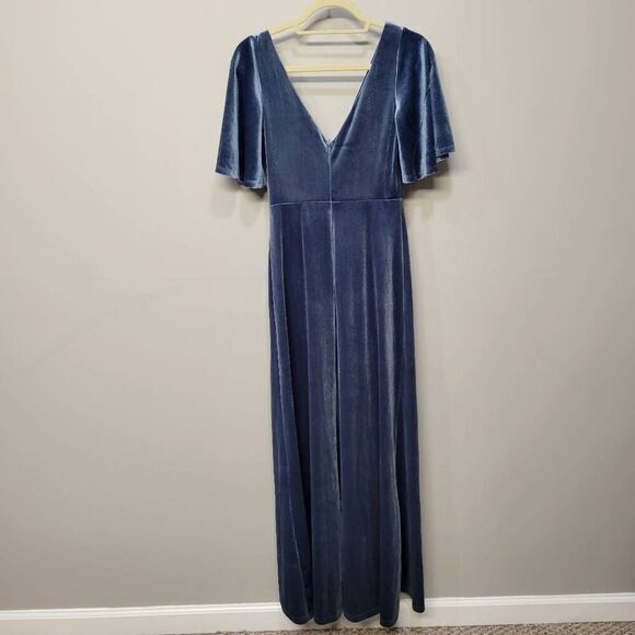 Ever-Pretty Gown Dress Women Size S Maxi Blue Velvet Empire Waist Deep V Flutter - Picture 5 of 12